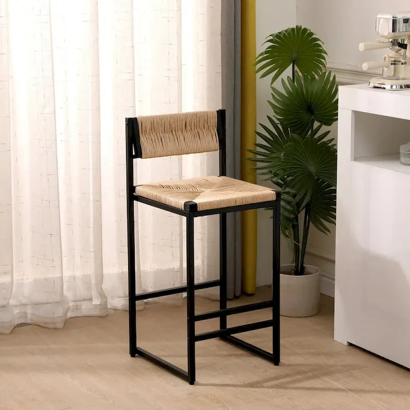 Counter Height Bar Stools Set of 2, Kichen Island Chairs with Back, Armless Dinning Room Chairs with Hand Weave