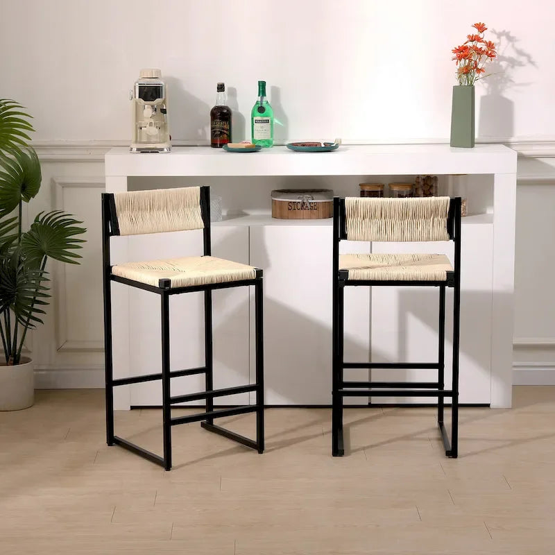 Barové židle do kuchyně, sada 2 kusů, s opěradlem, bez područek, ručně tkané