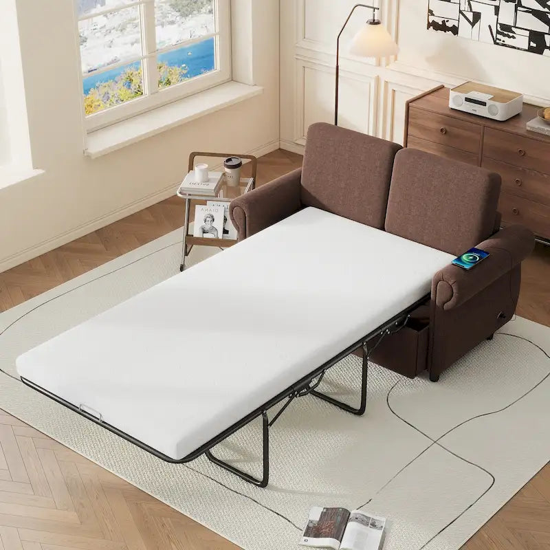 57.9 Pull-Out Sleeper Sofa Loveseat with Twin Size Memory Foam Mattress, Two USB Charging Ports