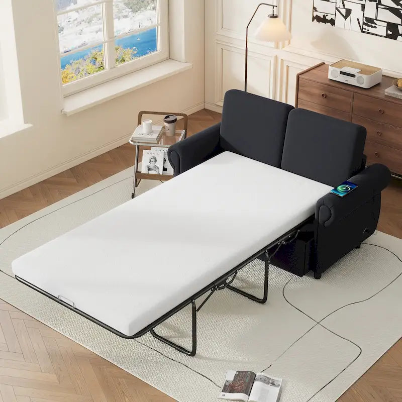 57.9 Pull-Out Sleeper Sofa Loveseat with Twin Size Memory Foam Mattress, Two USB Charging Ports