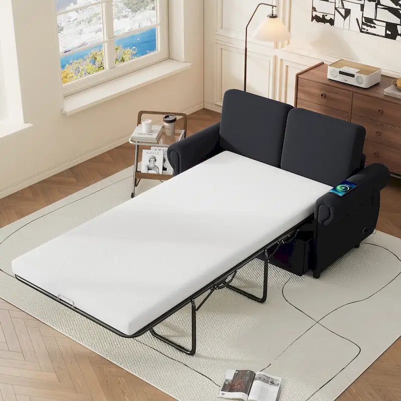 Roomfitters 57.9 Pull-Out Sleeper Sofa Loveseat with Twin Size Memory Foam Mattress, Two USB Charging Ports