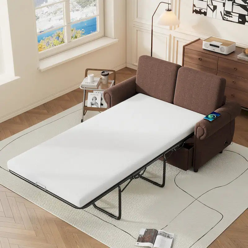 57.9 Pull-Out Sleeper Sofa Loveseat with Twin Size Memory Foam Mattress, Two USB Charging Ports