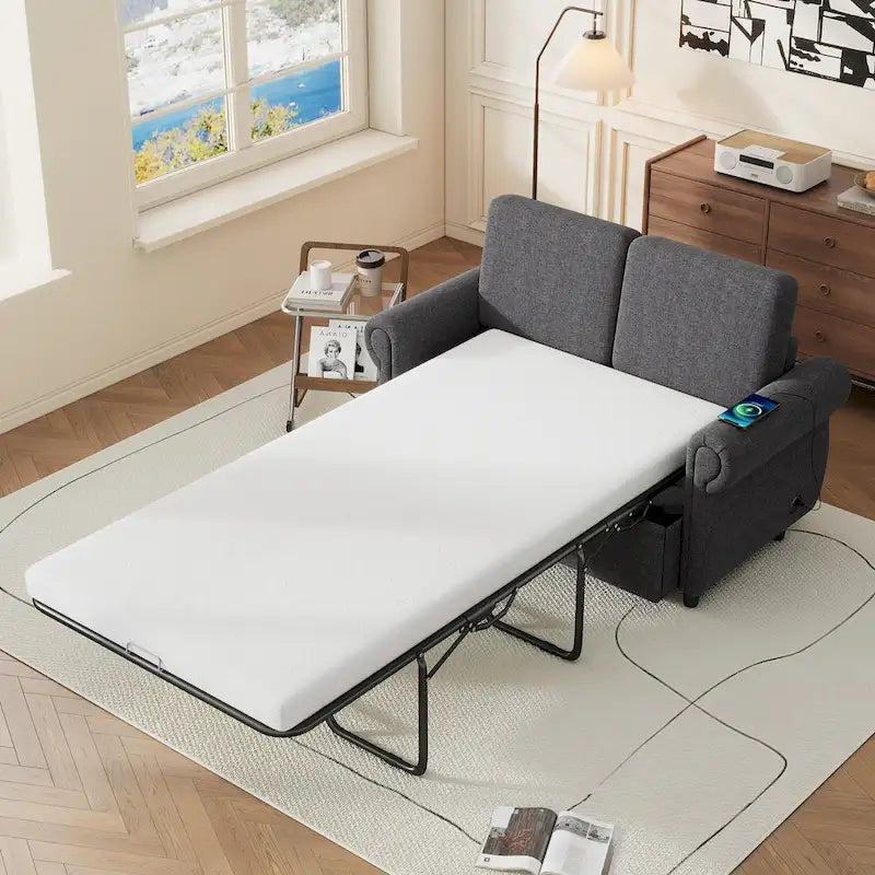 57.9 Pull-Out Sleeper Sofa Loveseat with Twin Size Memory Foam Mattress, Two USB Charging Ports