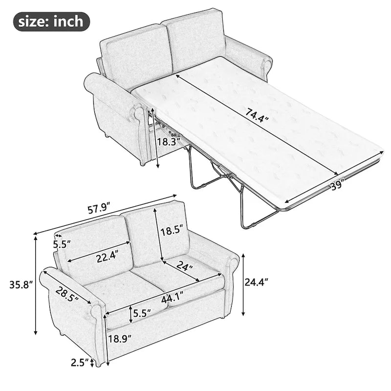 57.9 Pull-Out Sleeper Sofa Loveseat with Twin Size Memory Foam Mattress, Two USB Charging Ports