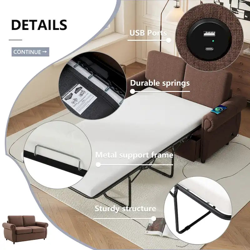 57.9 Pull-Out Sleeper Sofa Loveseat with Twin Size Memory Foam Mattress, Two USB Charging Ports