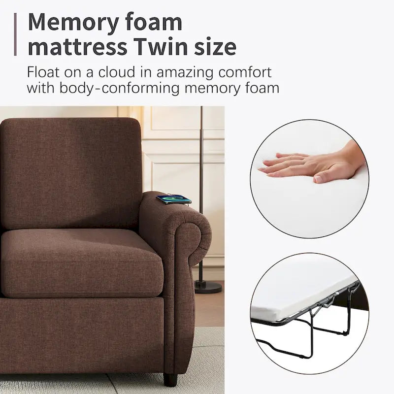 57.9 Pull-Out Sleeper Sofa Loveseat with Twin Size Memory Foam Mattress, Two USB Charging Ports