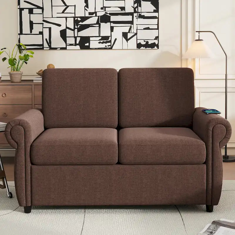 57.9 Pull-Out Sleeper Sofa Loveseat with Twin Size Memory Foam Mattress, Two USB Charging Ports