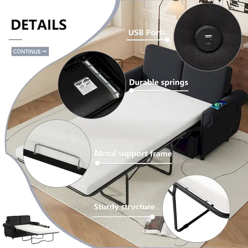 57.9 Pull-Out Sleeper Sofa Loveseat with Twin Size Memory Foam Mattress, Two USB Charging Ports