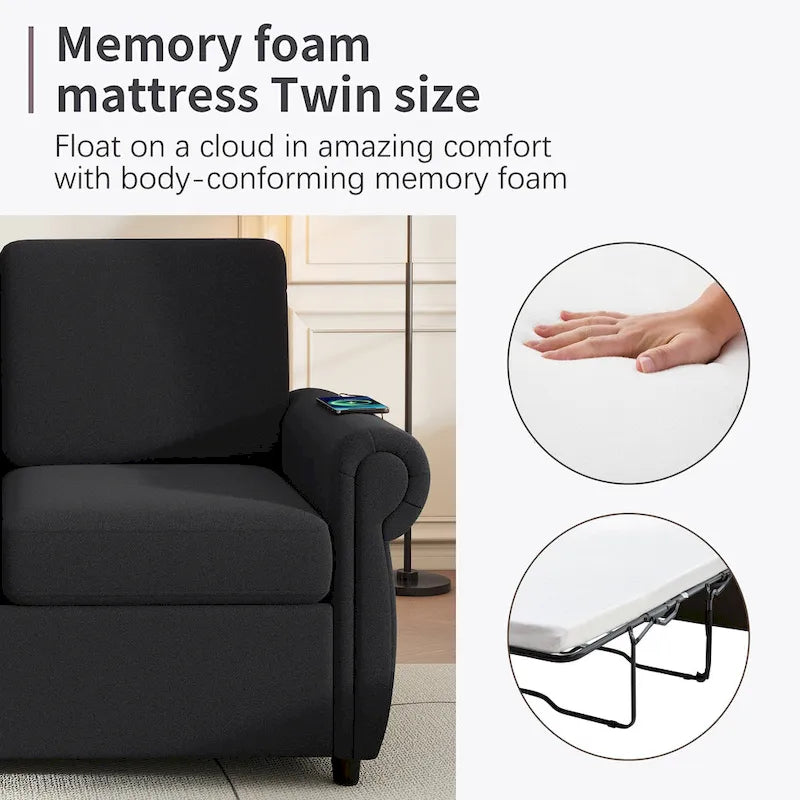 57.9 Pull-Out Sleeper Sofa Loveseat with Twin Size Memory Foam Mattress, Two USB Charging Ports