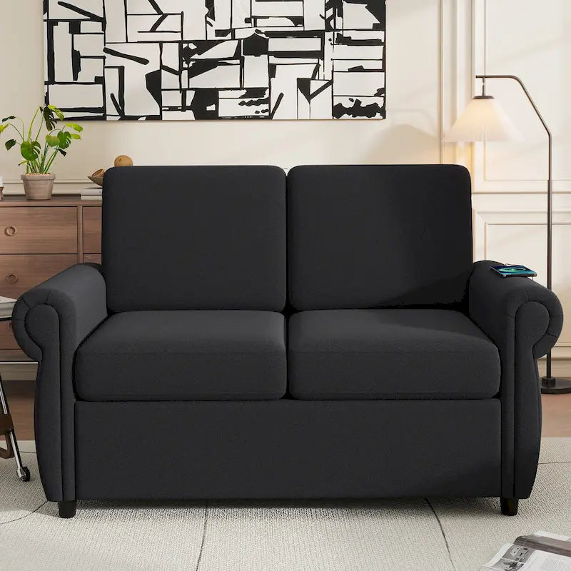 57.9 Pull-Out Sleeper Sofa Loveseat with Twin Size Memory Foam Mattress, Two USB Charging Ports