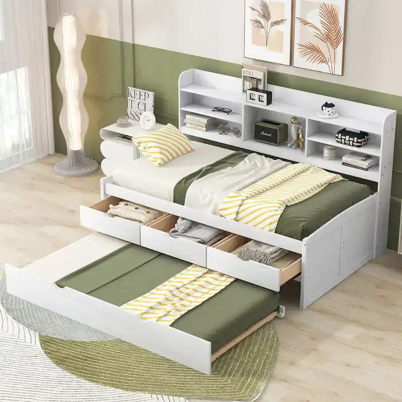 White Washed Twin Size Wooden Captain Bed with Bookshelves, 3 Drawers, Trundle