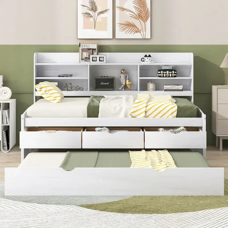 White Washed Twin Size Wooden Captain Bed with Bookshelves, 3 Drawers, Trundle