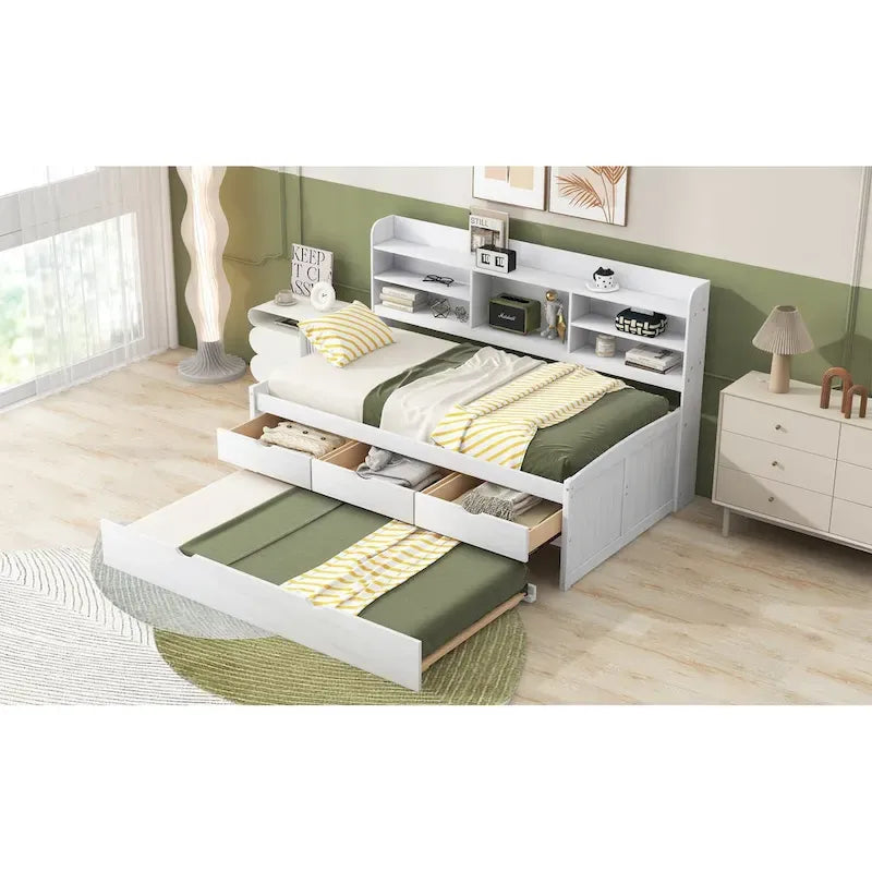 White Washed Twin Size Wooden Captain Bed with Bookshelves, 3 Drawers, Trundle