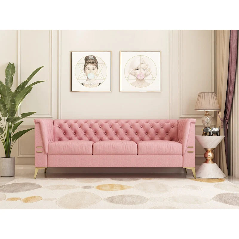82 Velvet 3 Seater Chesterfield Sofa Couch with Gold Metal Legs, High Rebound Sponge and Removable Cushions
