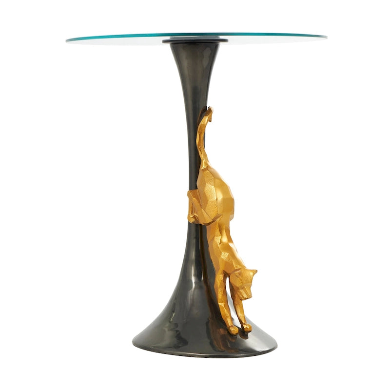 Aluminum Metal Leopard Accent Table with Gold Leopard Accent and Tempered Glass Top - Black