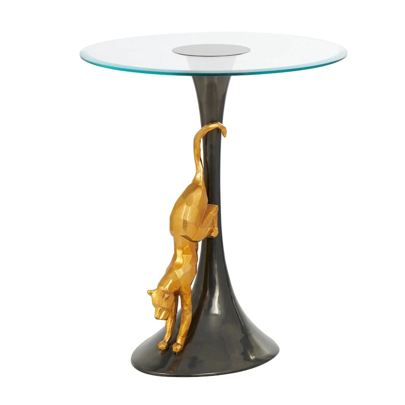 Aluminum Metal Leopard Accent Table with Gold Leopard Accent and Tempered Glass Top - Black
