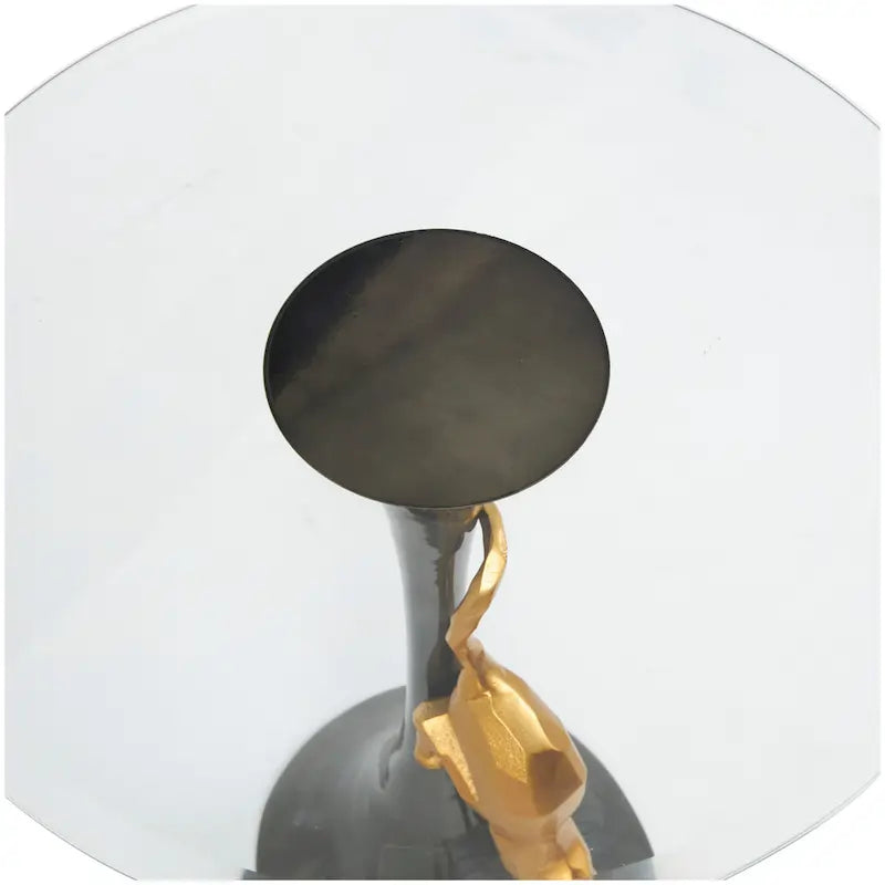 Aluminum Metal Leopard Accent Table with Gold Leopard Accent and Tempered Glass Top - Black