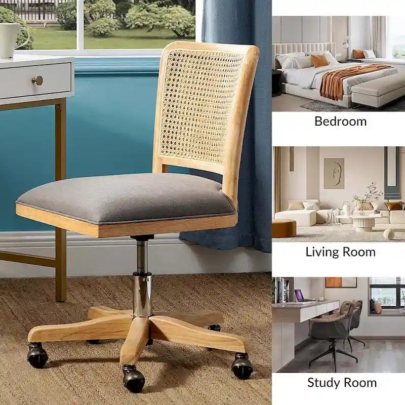 Moderní kancelářská židle s ratanovým opěradlem a nohami z masivního dřeva