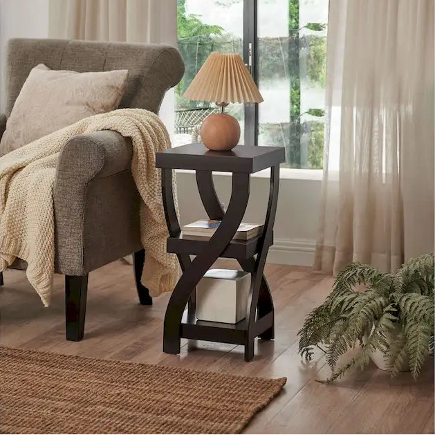 Side End Table with Curved Legs and Storage Shelfs, Espresso