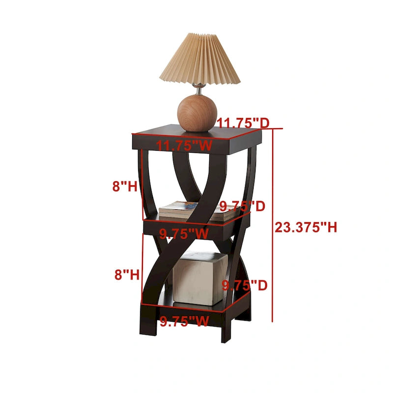 Side End Table with Curved Legs and Storage Shelfs, Espresso