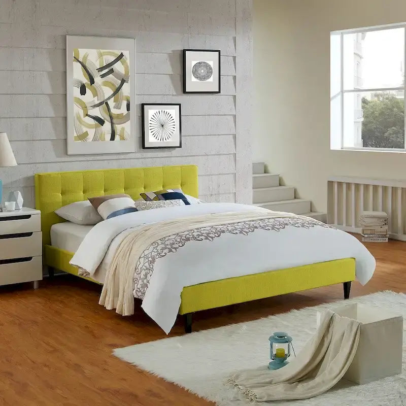 Upholstered Queen Platform Bed with Tufted Headboard