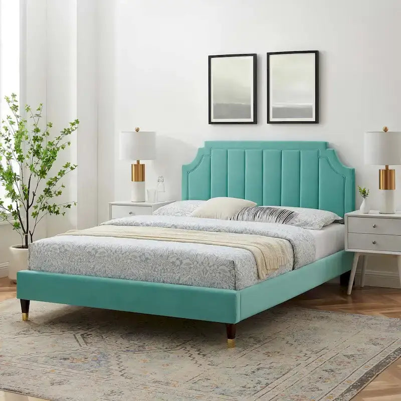 Performance Velvet Queen Platform Bed with Tufted Headboard