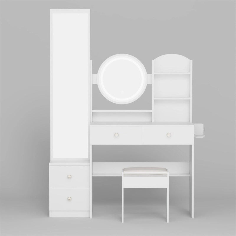 LED Mirror Vanity Table w/ Cushioned Stool & 2 AC+2 USB Power Station