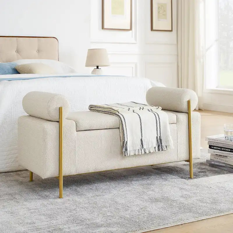 Upholstered Velvet Storage Bench with Cylindrical Arms