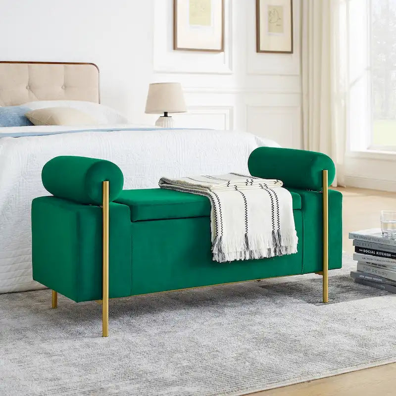 Upholstered Velvet Storage Bench with Cylindrical Arms