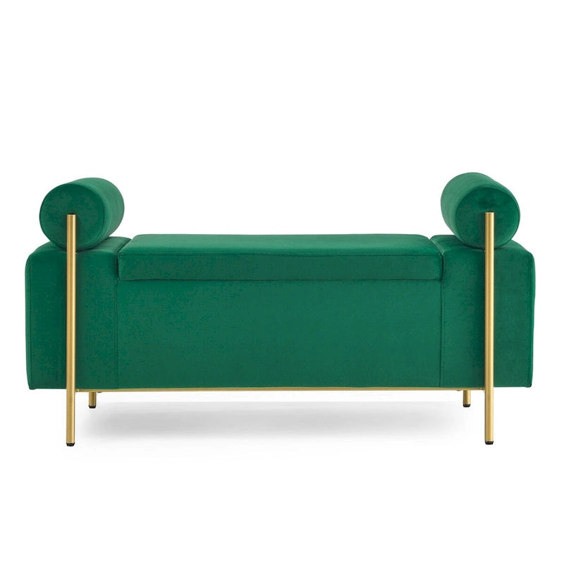 Upholstered Velvet Storage Bench with Cylindrical Arms