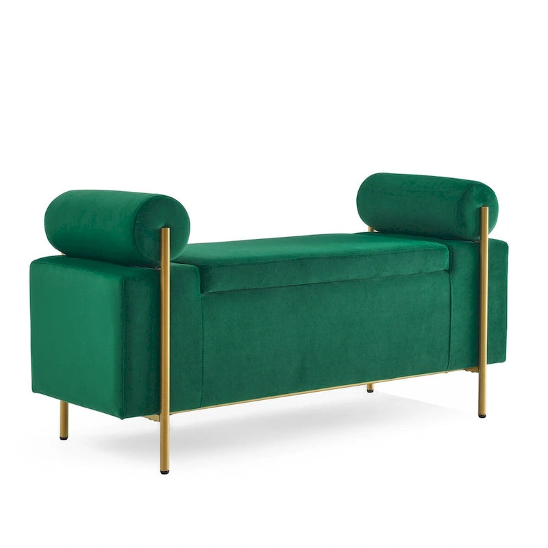Upholstered Velvet Storage Bench with Cylindrical Arms