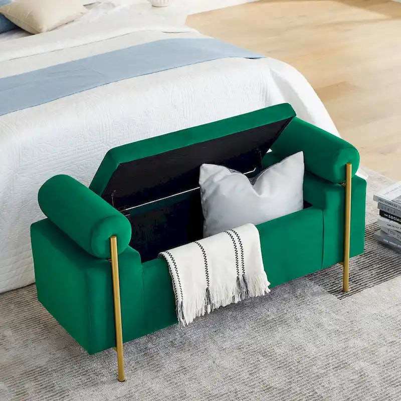 Upholstered Velvet Storage Bench with Cylindrical Arms