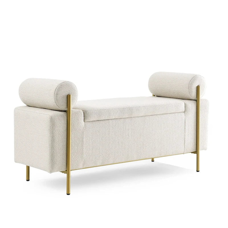 Upholstered Velvet Storage Bench with Cylindrical Arms
