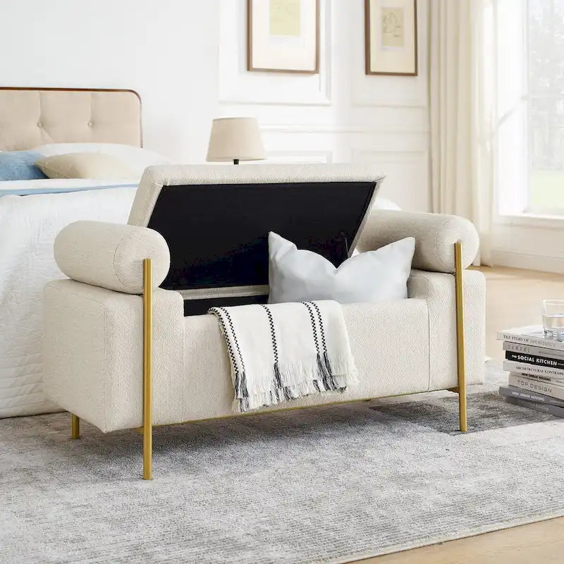 Upholstered Velvet Storage Bench with Cylindrical Arms