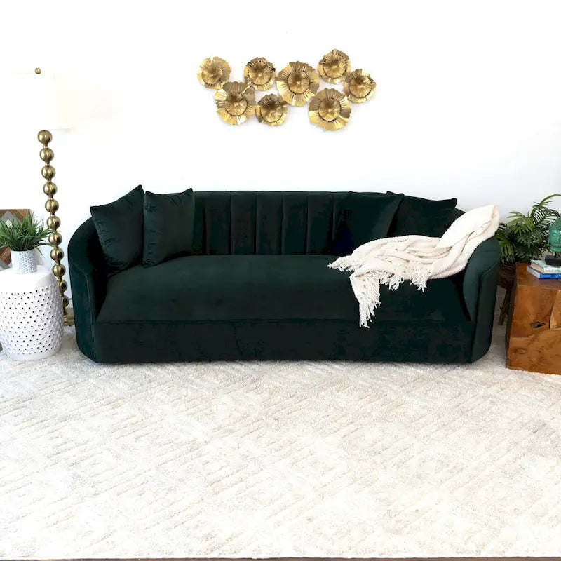 Modern Japandi Style Tight Back Velvet Couch in Green