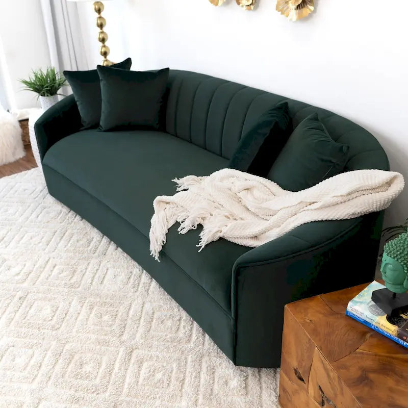 Modern Japandi Style Tight Back Velvet Couch in Green