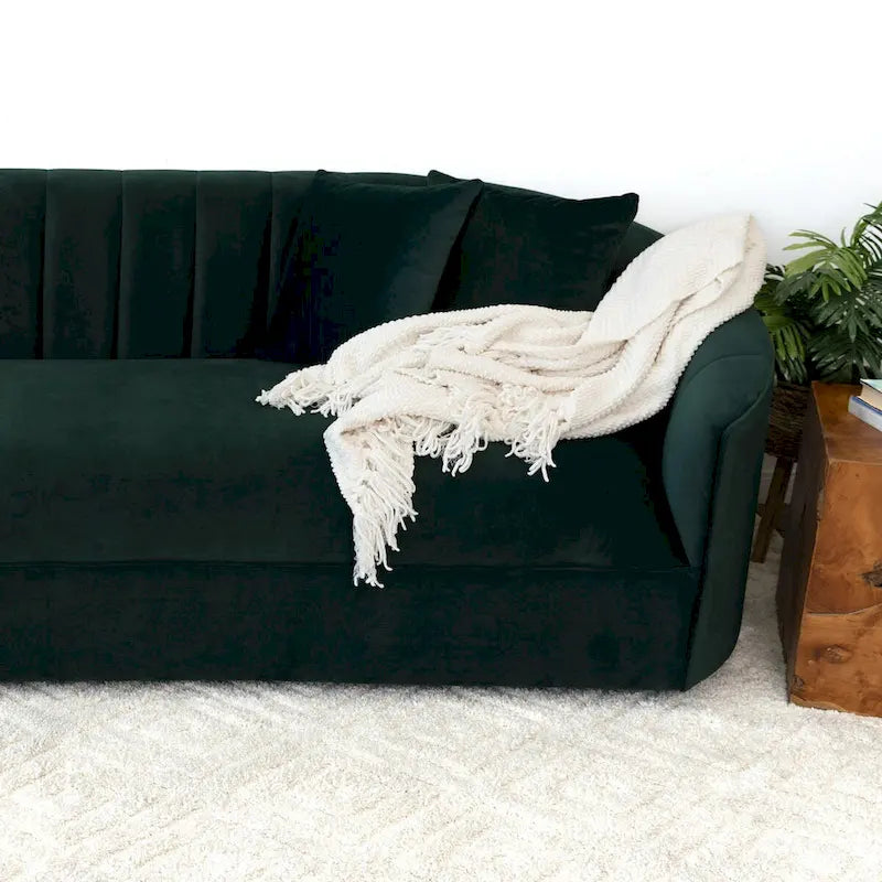 Modern Japandi Style Tight Back Velvet Couch in Green